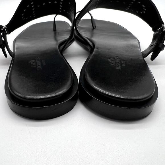 HERMES Hera Sandal Womens 39 8.5 Black Leather Cut Out H Toe Loop Flat Slide - Picture 15 of 16
